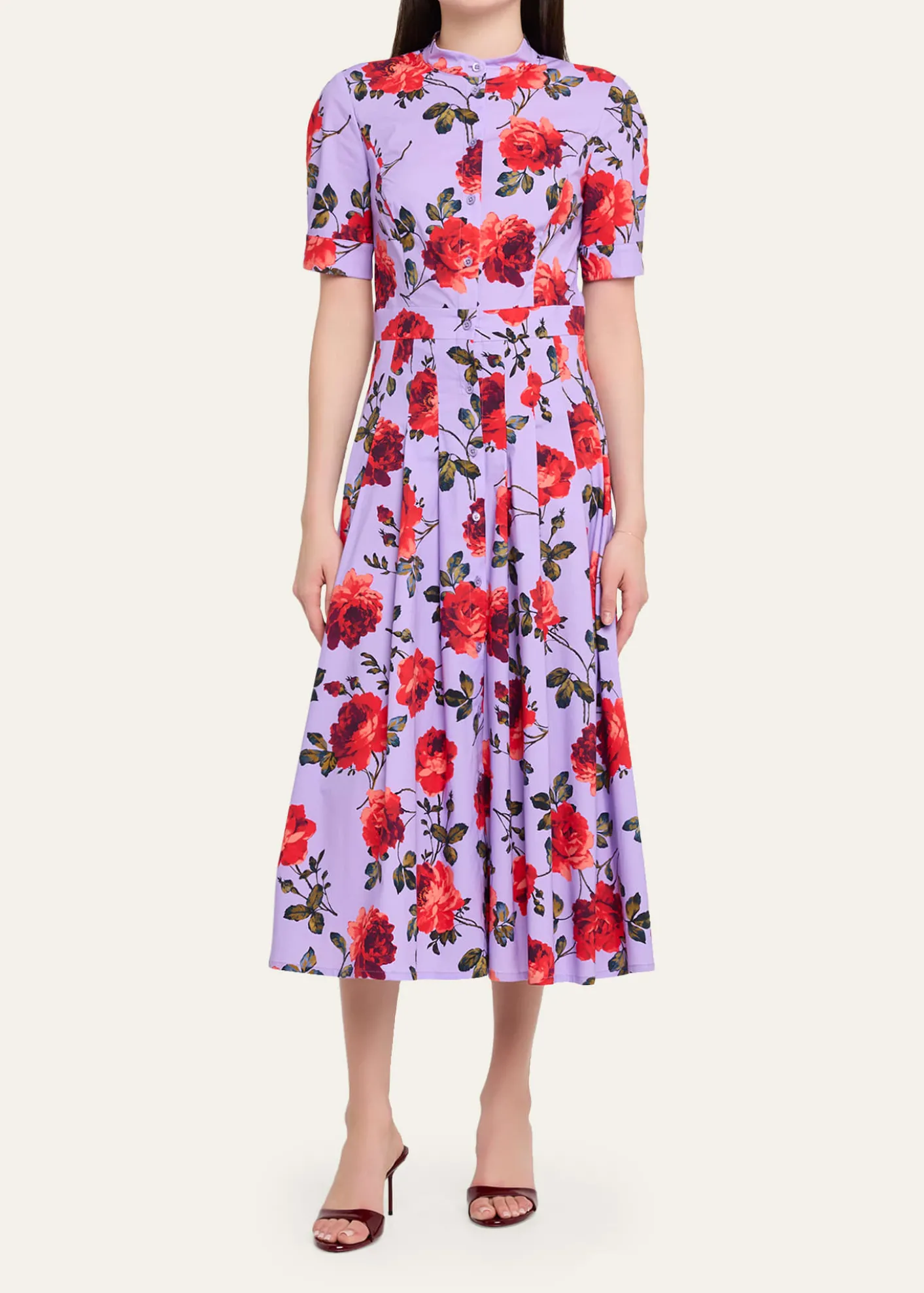 Carolina HerreraCarnation-Print Short-Sleeve Pleated Midi Shirtdress
