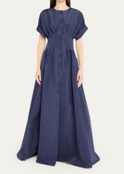 Carolina HerreraCorset-Waist Short-Sleeve Button-Front Gown