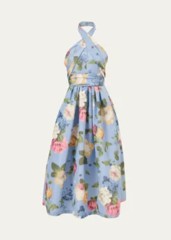Carolina HerreraFloral Crisscross Halter Midi Dress