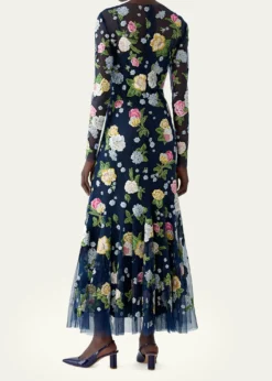 Carolina HerreraFloral Embroidered Tulle Long-Sleeve Midi Dress