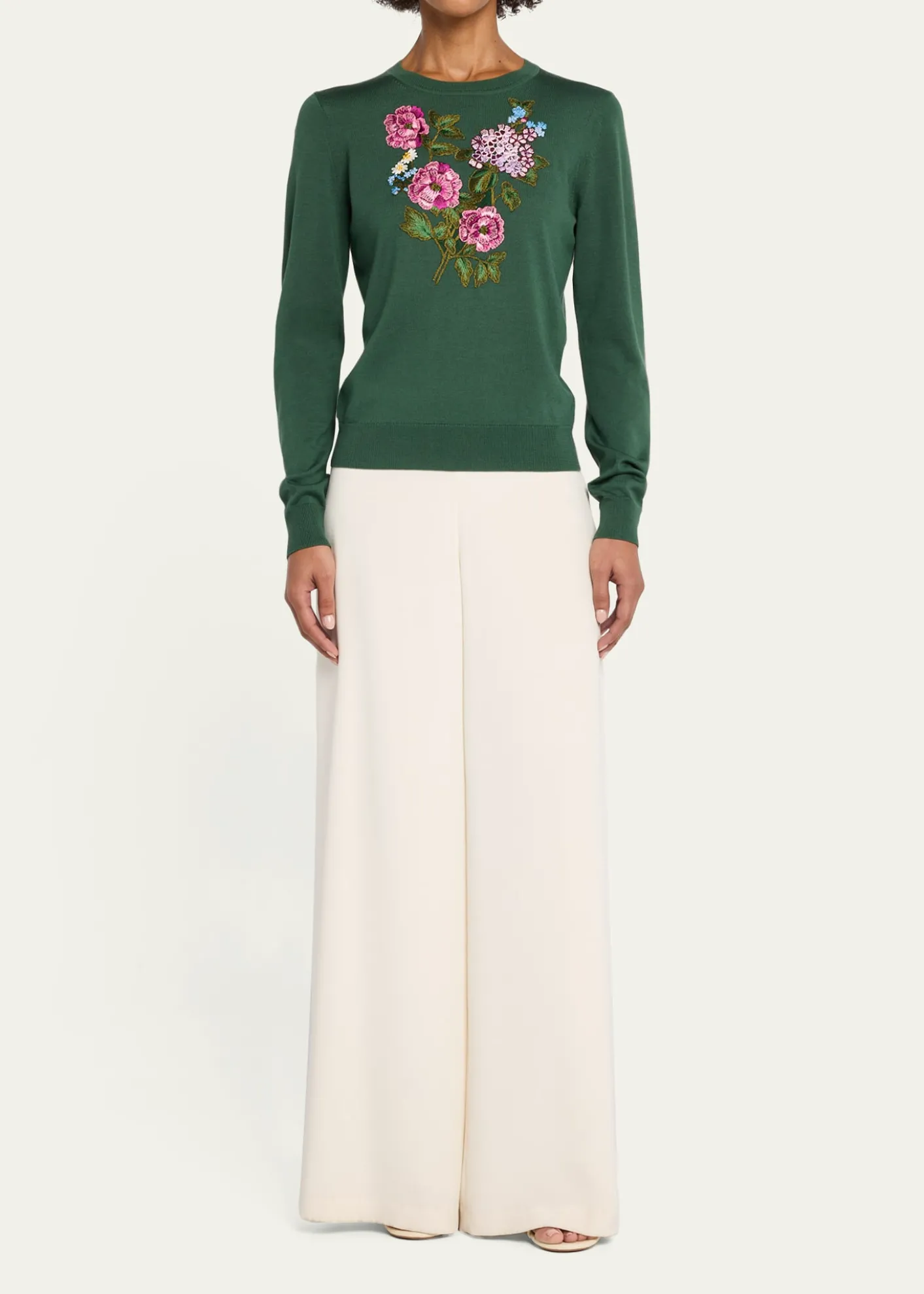 Carolina HerreraFloral Embroidered Silk-Cotton Crewneck Sweater