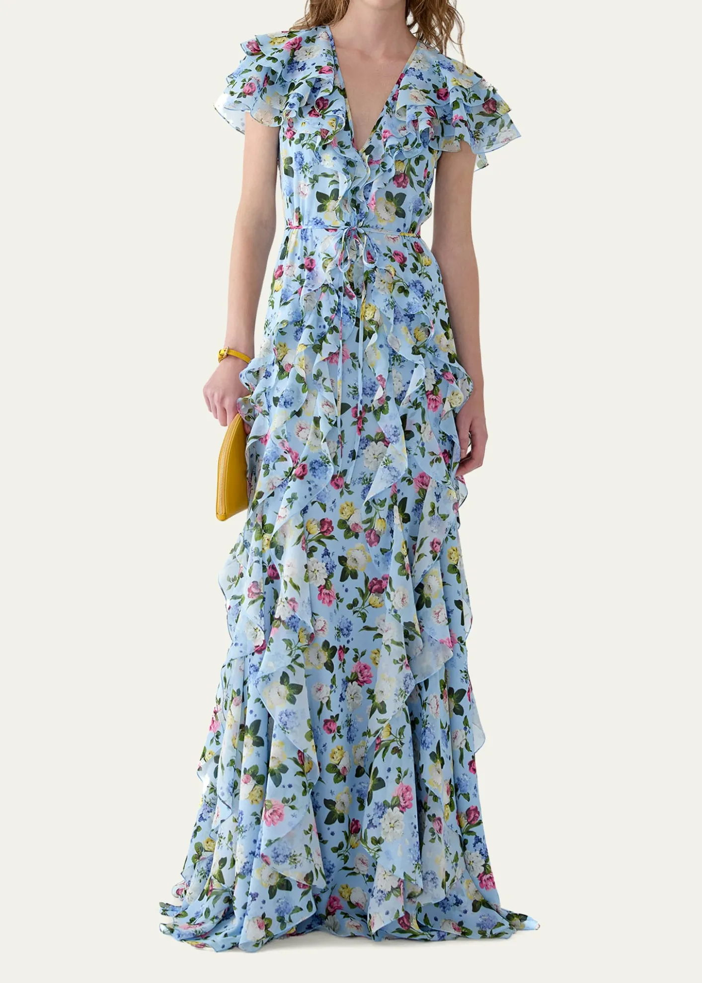 Carolina HerreraFloral Ruffle Chiffon Short-Sleeve Maxi Dress