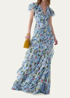 Carolina HerreraFloral Ruffle Chiffon Short-Sleeve Maxi Dress