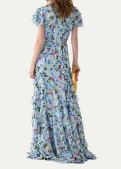Carolina HerreraFloral Ruffle Chiffon Short-Sleeve Maxi Dress