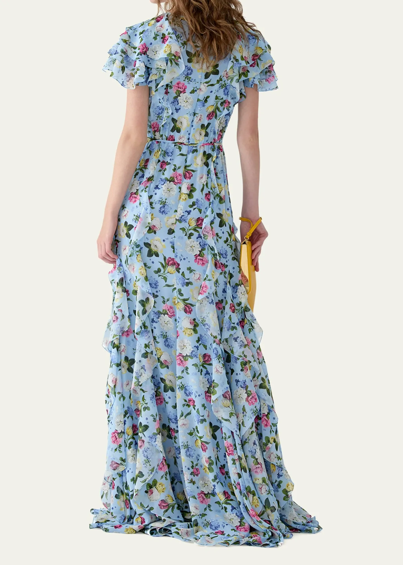 Carolina HerreraFloral Ruffle Chiffon Short-Sleeve Maxi Dress