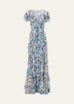 Carolina HerreraFloral Ruffle Chiffon Short-Sleeve Maxi Dress