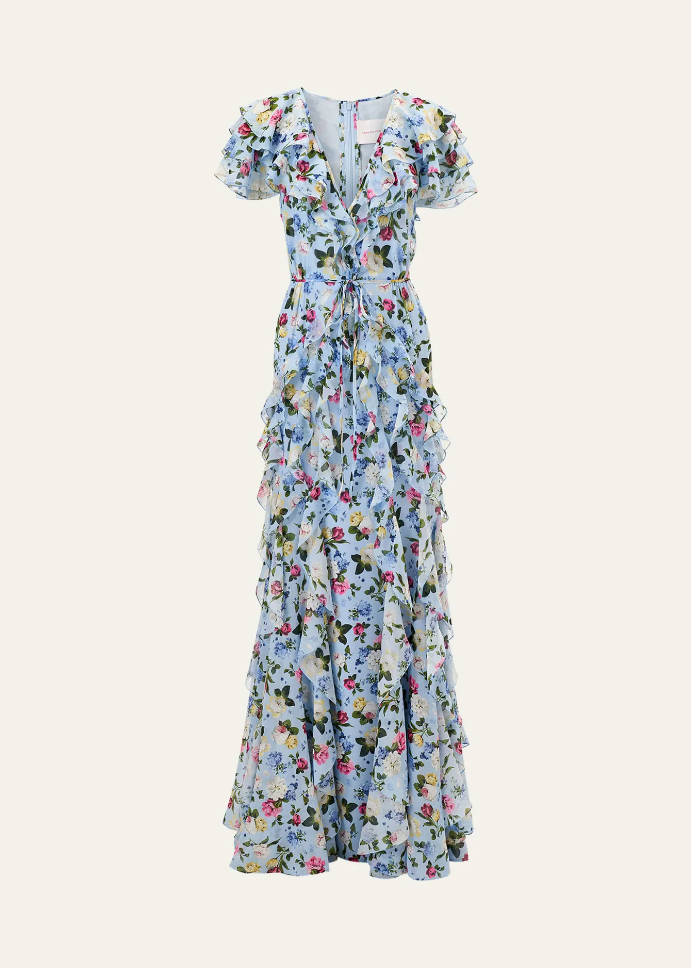 Carolina HerreraFloral Ruffle Chiffon Short-Sleeve Maxi Dress