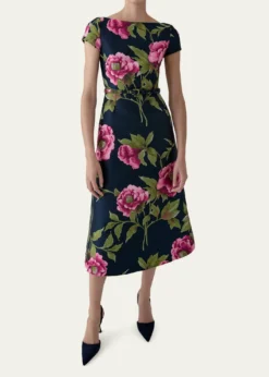 Carolina HerreraMetallic Floral Jacquard Short-Sleeve Belted Midi Dress