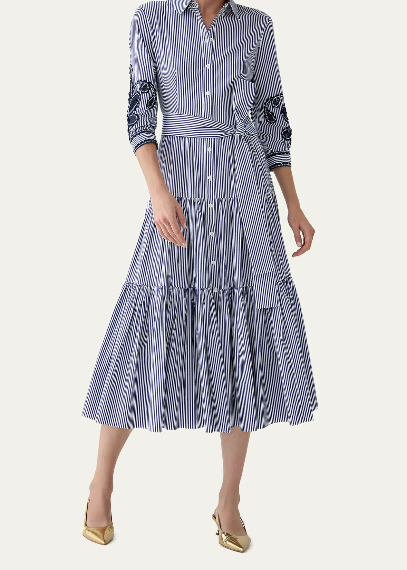 Carolina HerreraPaisley Embroidered 3/4-Sleeve Tiered Midi Shirtdress