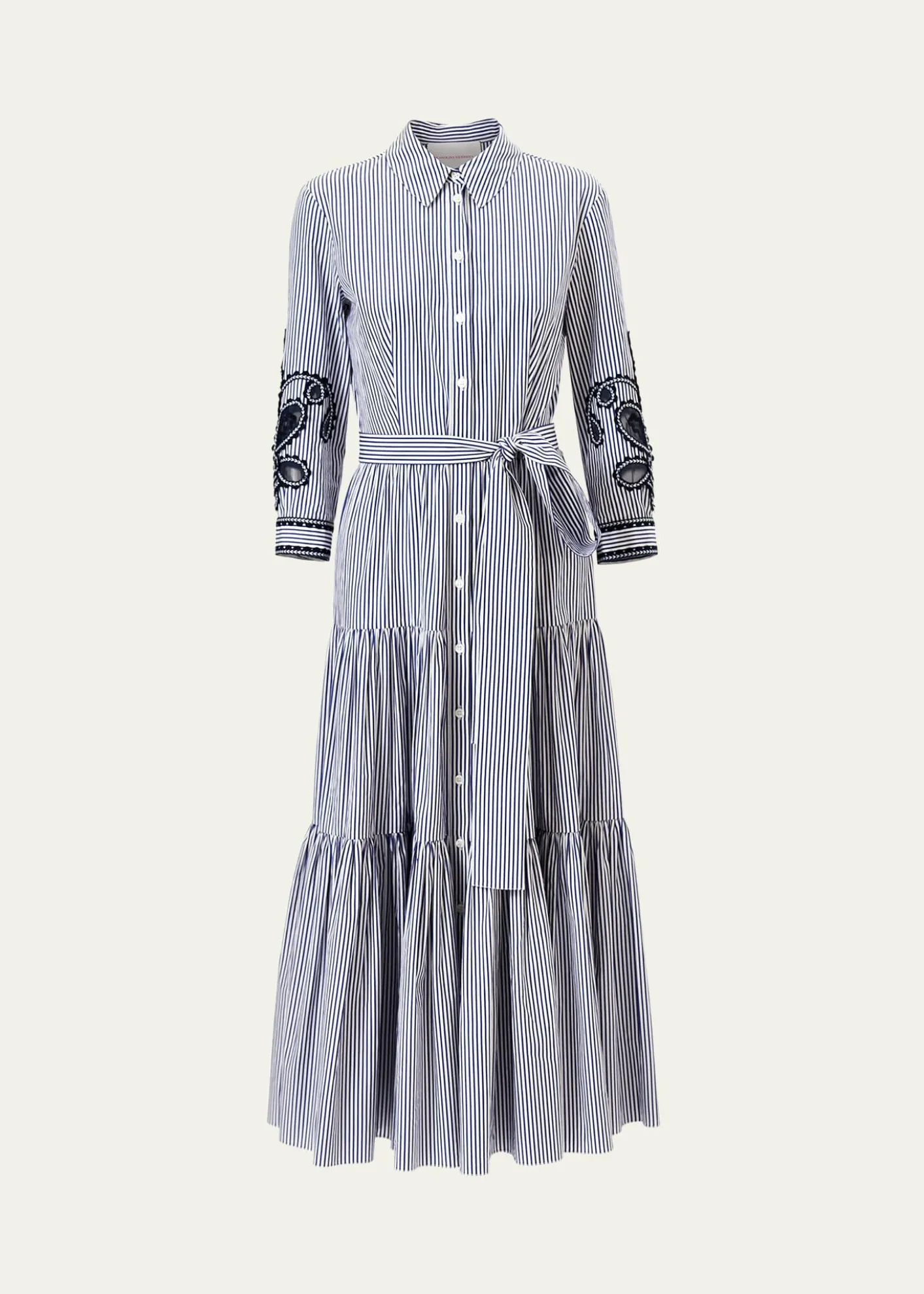 Carolina HerreraPaisley Embroidered 3/4-Sleeve Tiered Midi Shirtdress