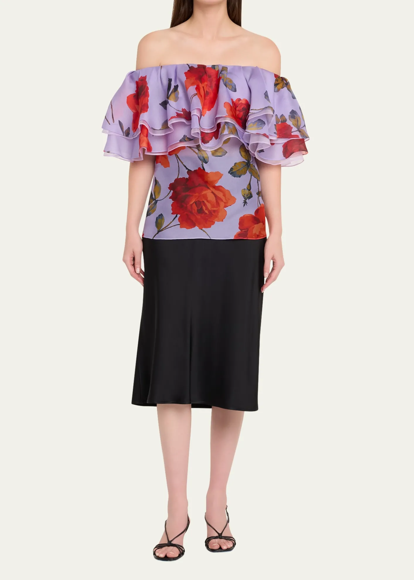 Carolina HerreraRose Chiffon Off-The-Shoulder Ruffle Top