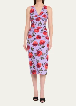 Carolina HerreraRose-Print Gathered Silk Sleeveless Dress