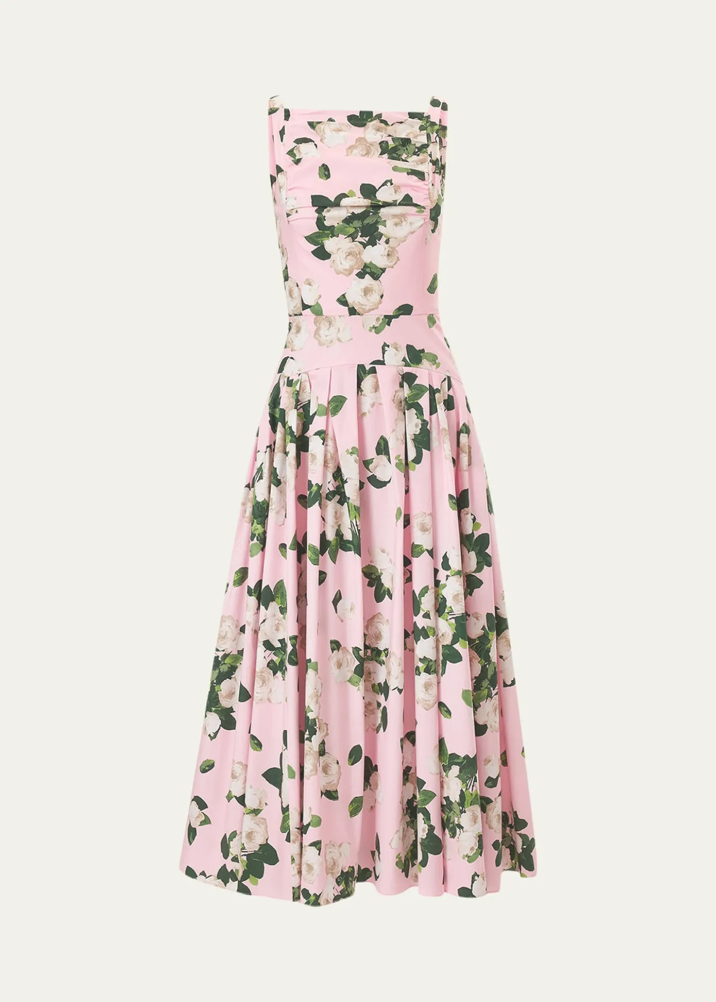 Carolina HerreraRose-Print Pleated Drop-Waist Midi Dress