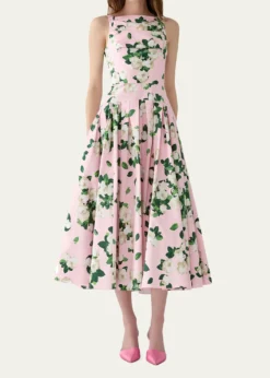 Carolina HerreraRose-Print Pleated Drop-Waist Midi Dress