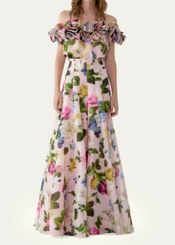 Carolina HerreraRosette Off-The-Shoulder Floral Silk Blouse