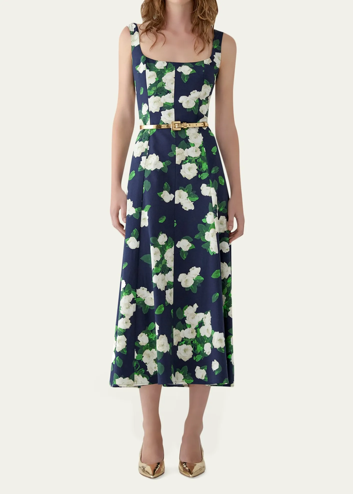 Carolina HerreraSleeveless Square-Neck Rose-Print Paneled Midi Dress