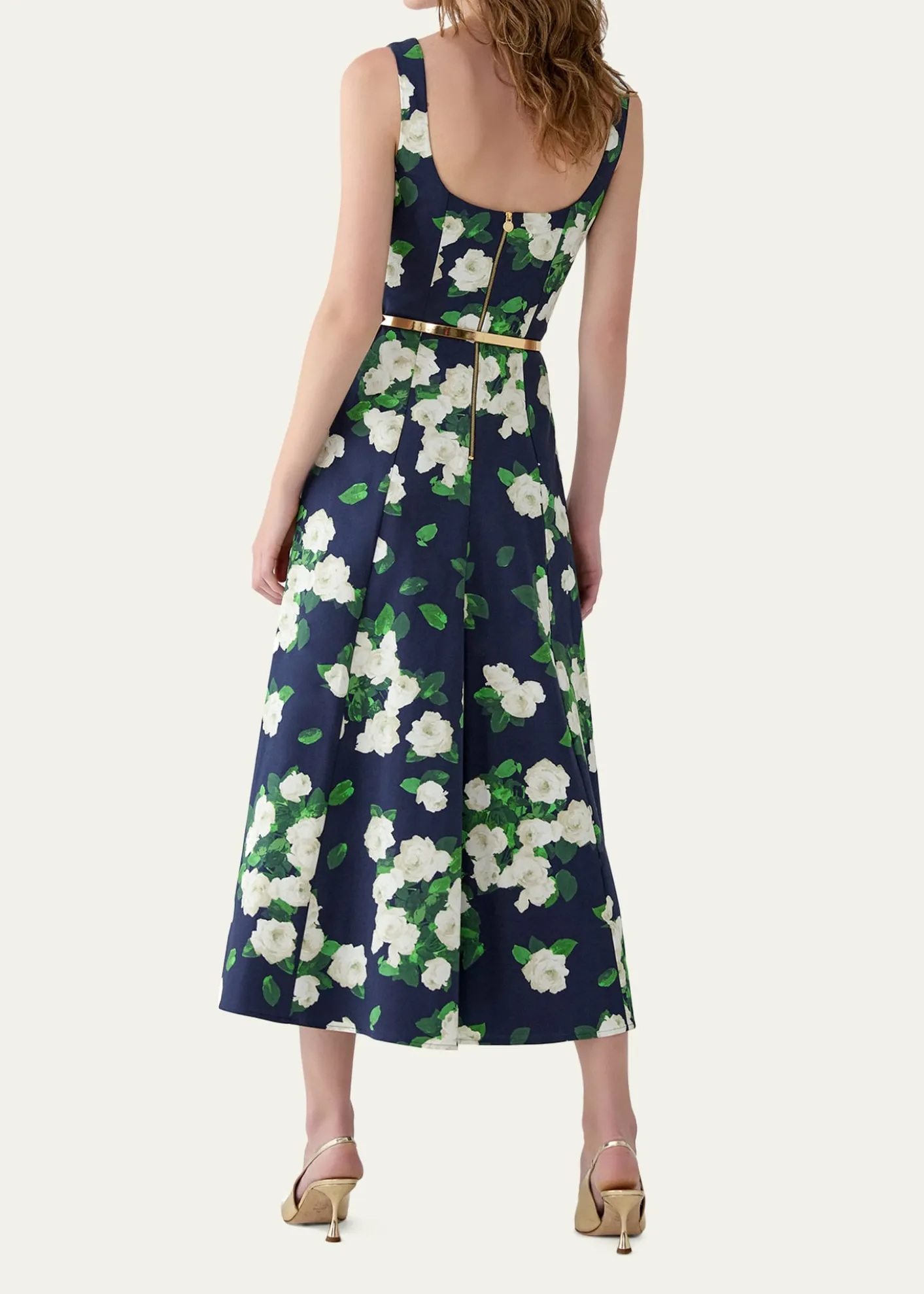 Carolina HerreraSleeveless Square-Neck Rose-Print Paneled Midi Dress