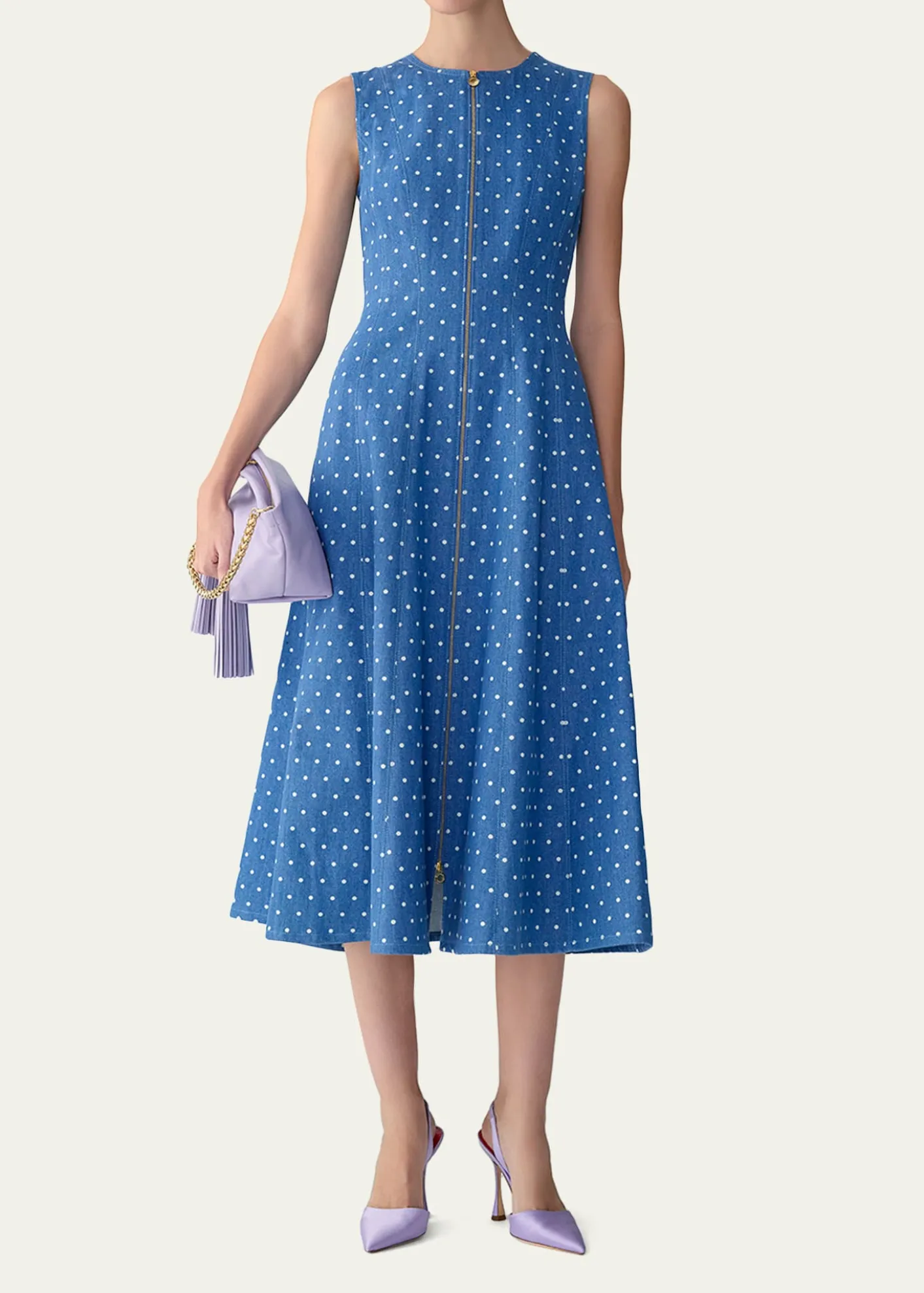 Carolina HerreraSleeveless Polka-Dot Denim Zip-Front Midi Dress