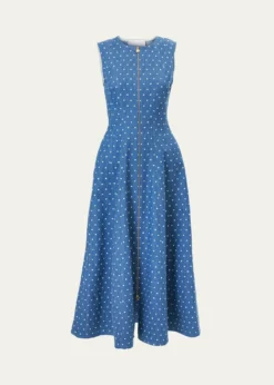 Carolina HerreraSleeveless Polka-Dot Denim Zip-Front Midi Dress