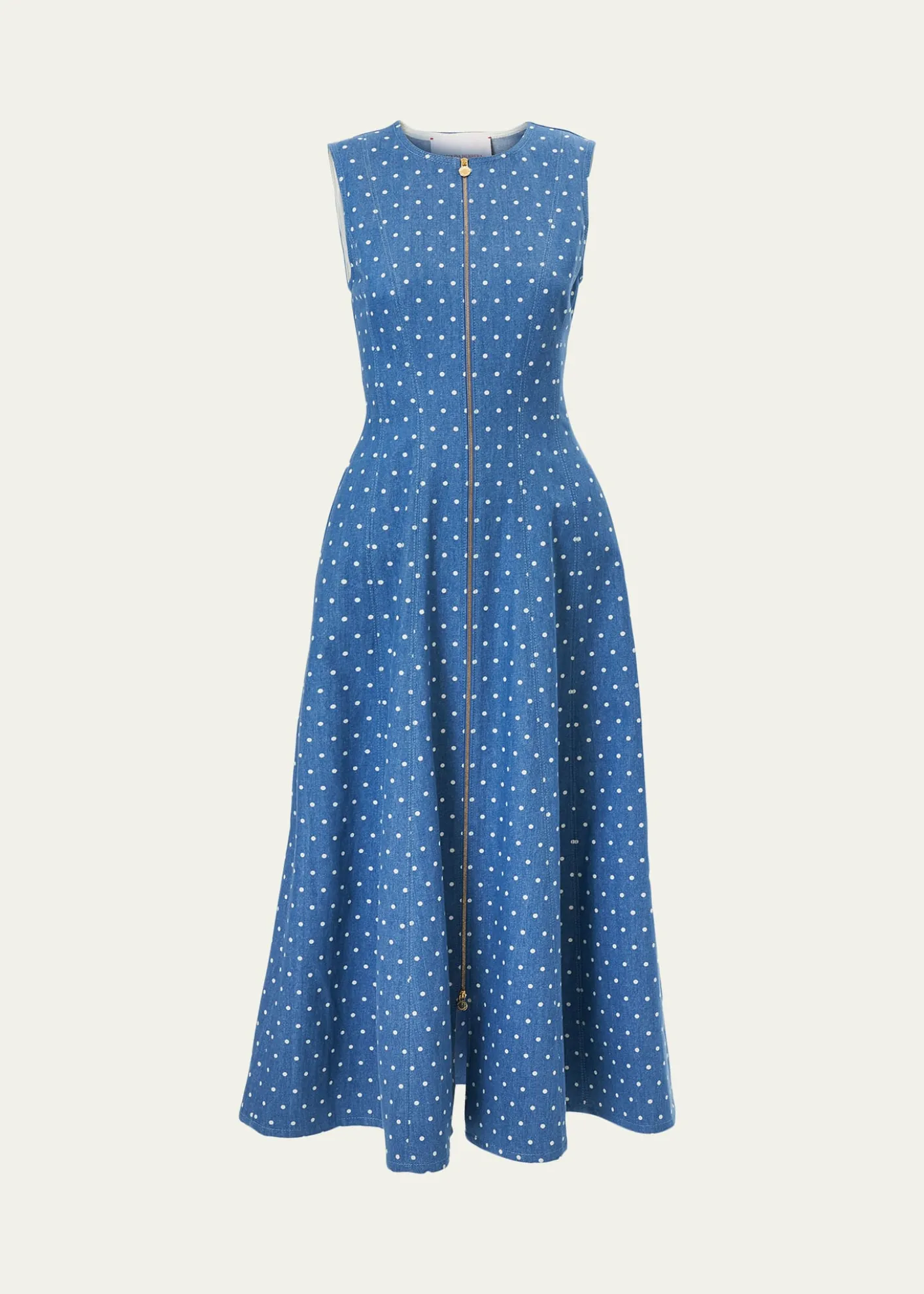 Carolina HerreraSleeveless Polka-Dot Denim Zip-Front Midi Dress