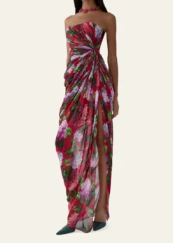 Carolina HerreraStrapless Floral Silk Chiffon Draped Slit Gown