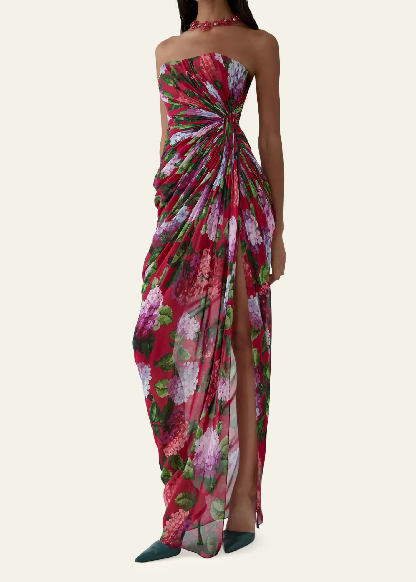 Carolina HerreraStrapless Floral Silk Chiffon Draped Slit Gown