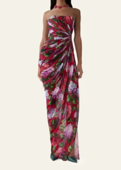 Carolina HerreraStrapless Floral Silk Chiffon Draped Slit Gown