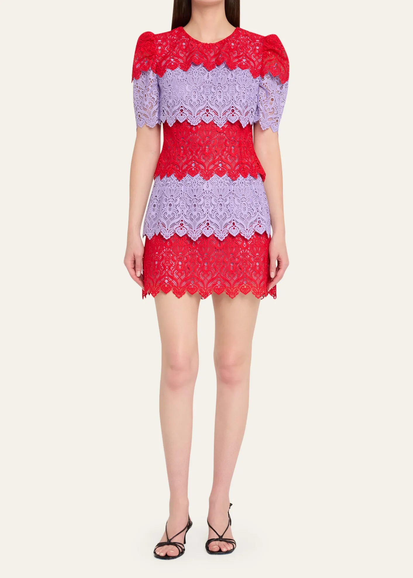 Carolina HerreraTiered Colorblock Lace Short-Sleeve Mini Dress