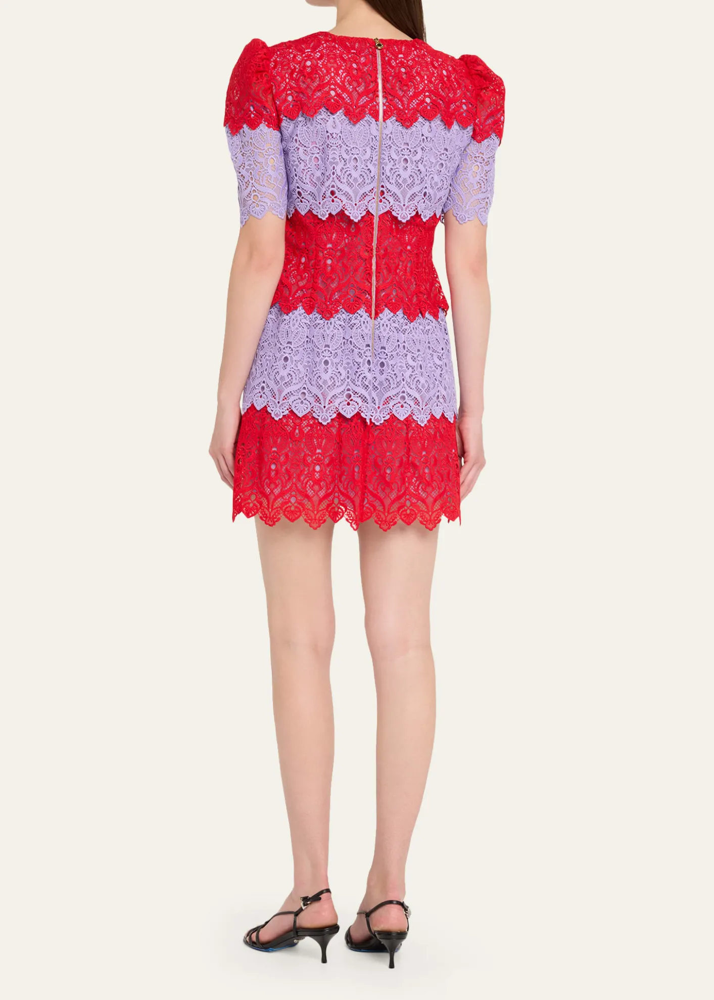 Carolina HerreraTiered Colorblock Lace Short-Sleeve Mini Dress