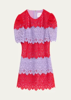 Carolina HerreraTiered Colorblock Lace Short-Sleeve Mini Dress