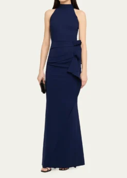 Chiara Boni La Petite RobeSide Ruched Halter Gown with Asymmetric Ruffle