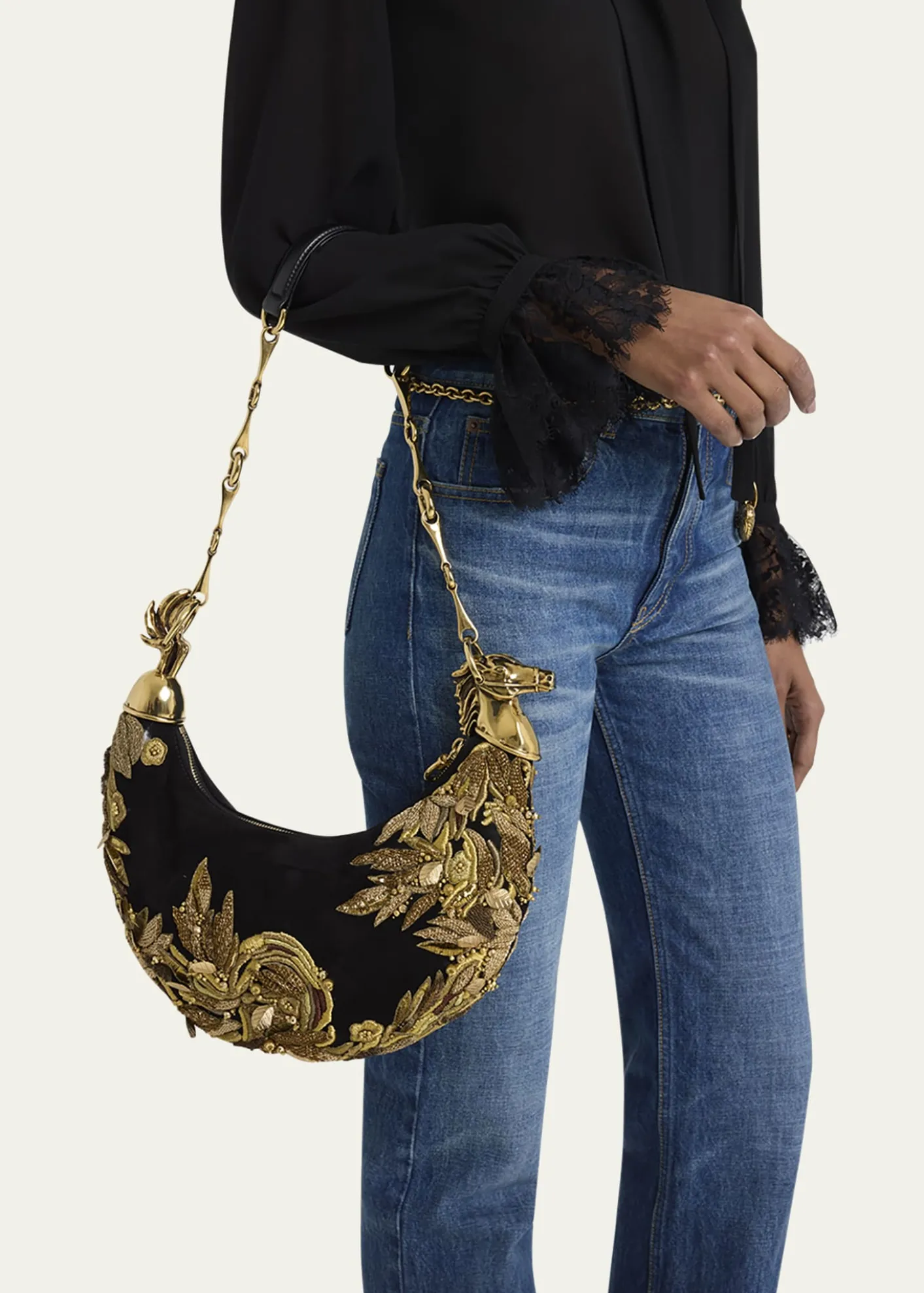 ChloeChain Horse Bead-Embroidered Shoulder Bag in Suede