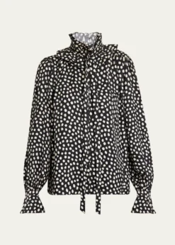 ChloeDots-Print Silk Jacquard Ruffle Blouse