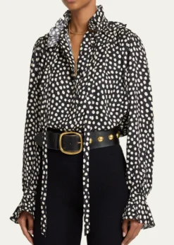 ChloeDots-Print Silk Jacquard Ruffle Blouse