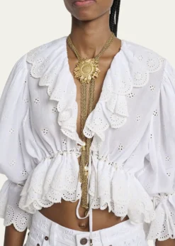 ChloeEyelet Cotton Ruffle Crop Peasant Blouse