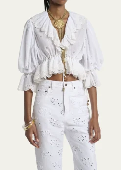 ChloeEyelet Cotton Ruffle Crop Peasant Blouse