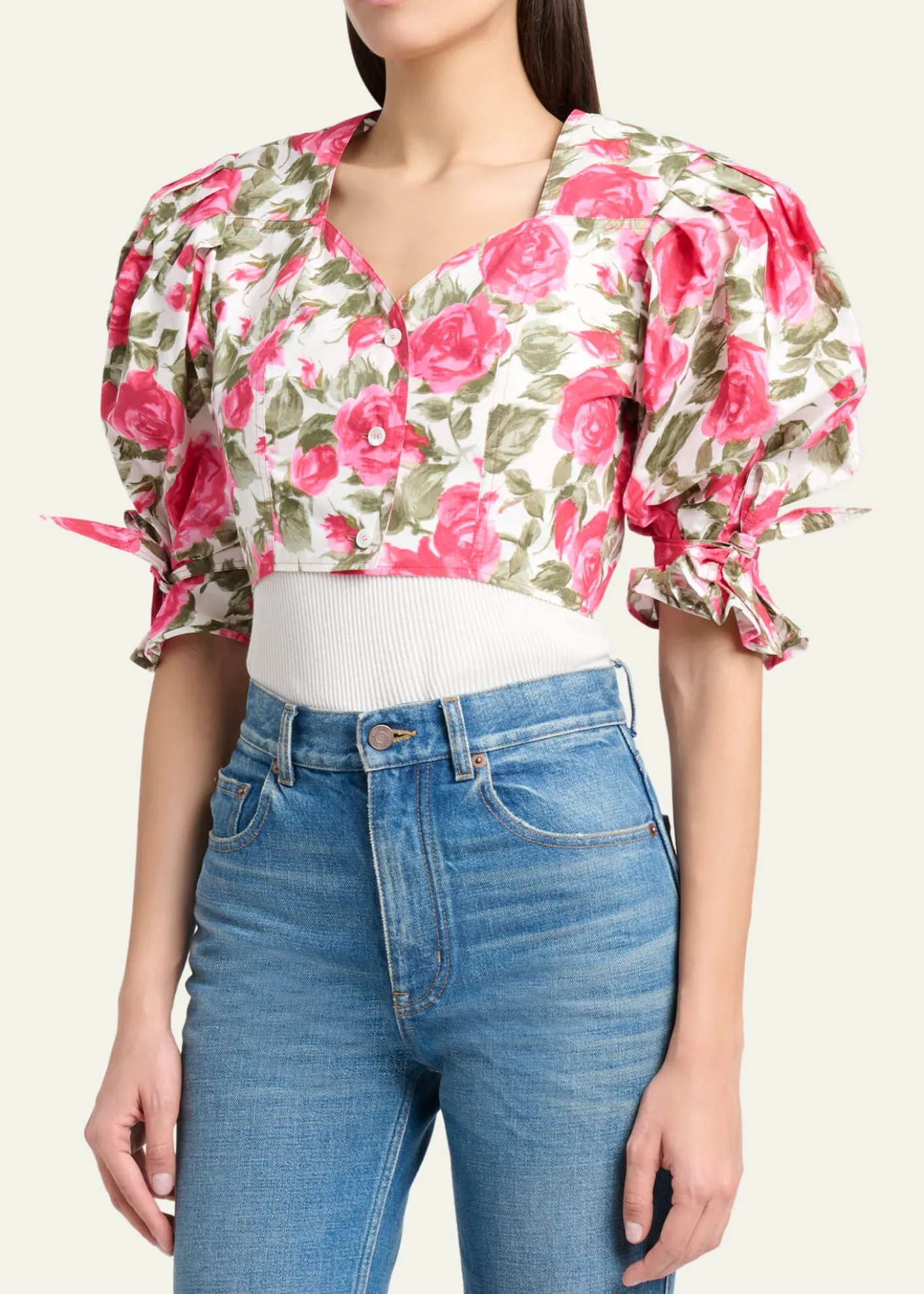 ChloeFloral Cotton Puff-Sleeve Button-Front Crop Top