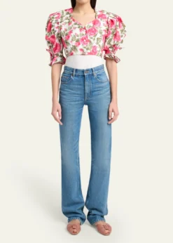 ChloeFloral Cotton Puff-Sleeve Button-Front Crop Top