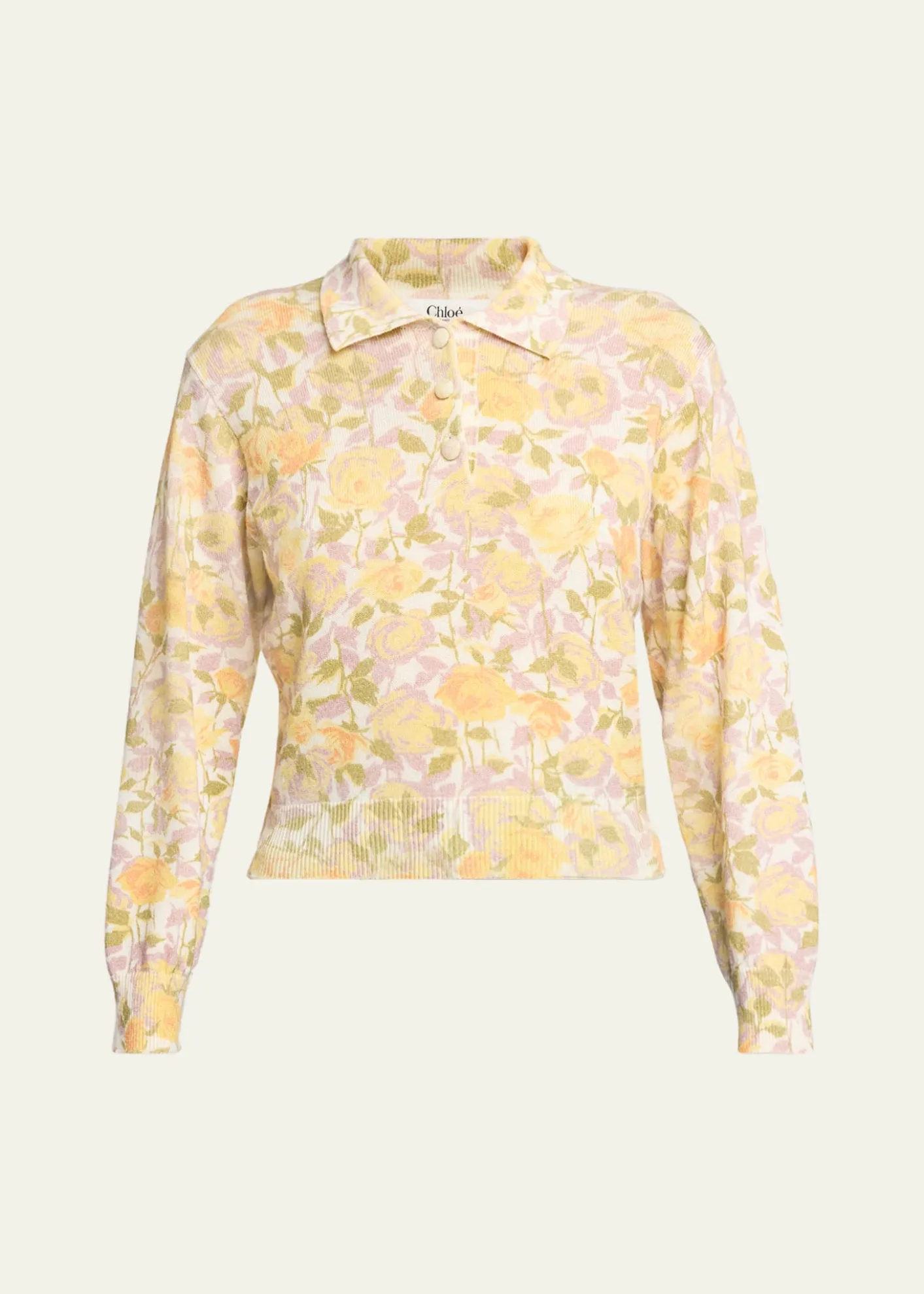 ChloeFloral-Print Wool Knit Polo Sweater