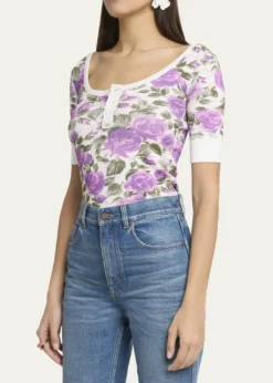 ChloeFloral Rib Short-Sleeve Henley Top