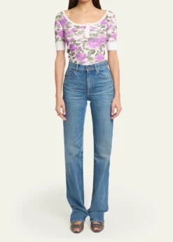 ChloeFloral Rib Short-Sleeve Henley Top