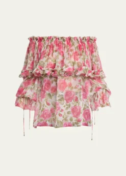 ChloeFloral Silk Off-The-Shoulder Ruffle Top