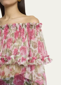 ChloeFloral Silk Off-The-Shoulder Ruffle Top
