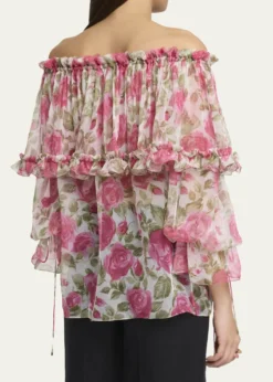 ChloeFloral Silk Off-The-Shoulder Ruffle Top