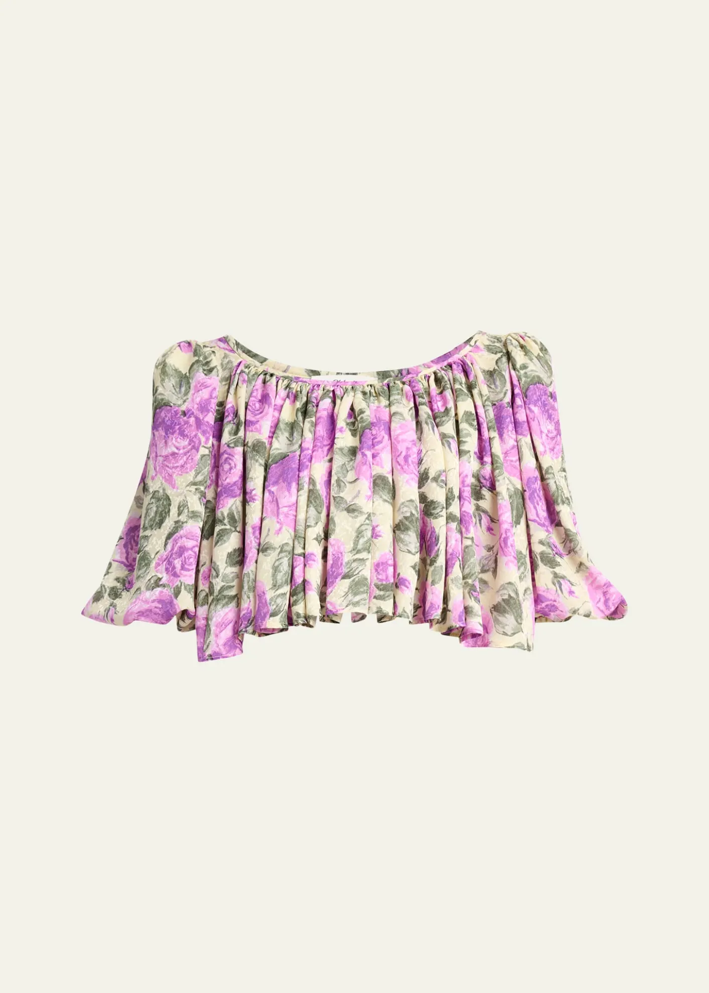 ChloeFloral Silk Puff-Sleeve Ruffle Crop Top