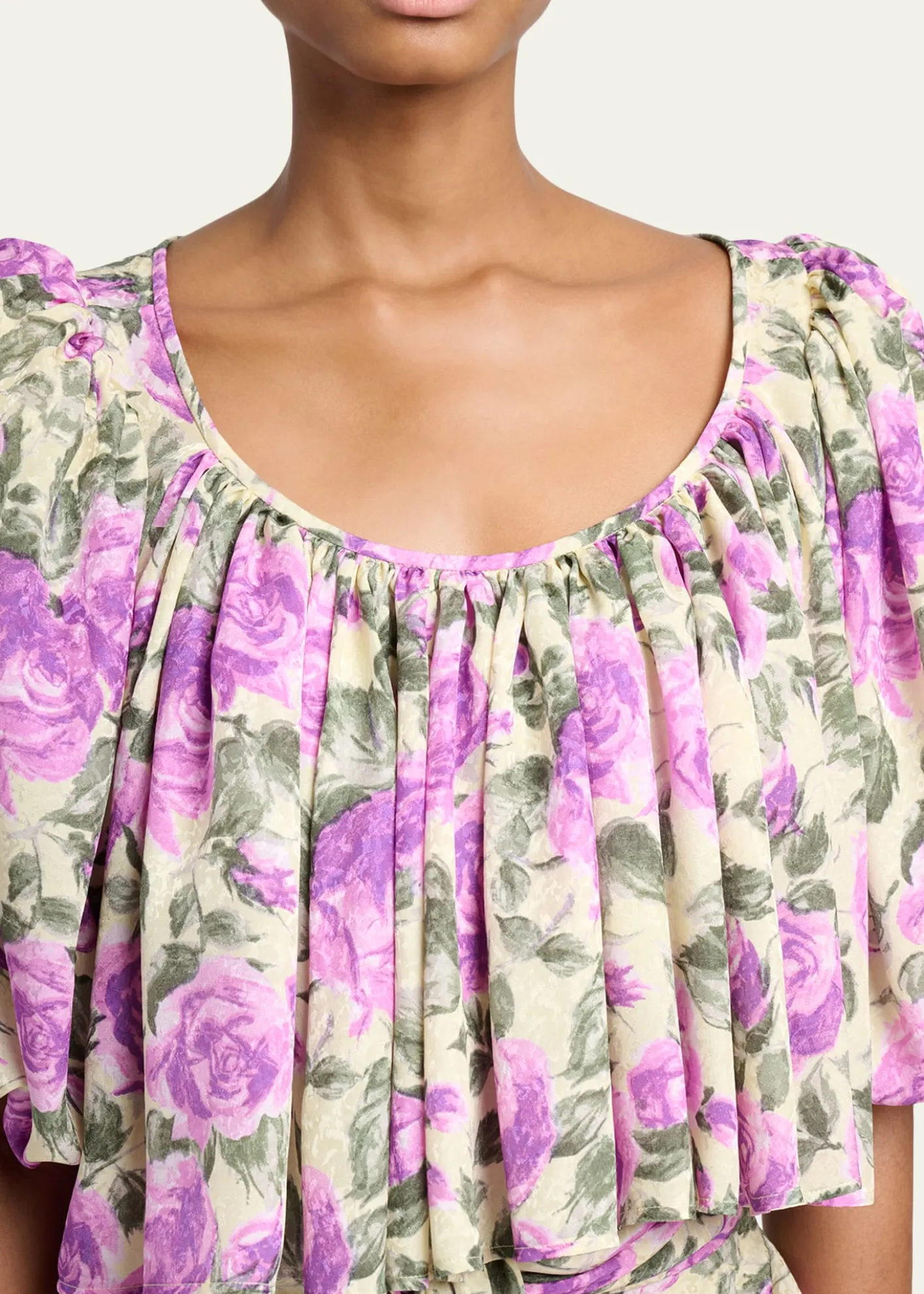 ChloeFloral Silk Puff-Sleeve Ruffle Crop Top
