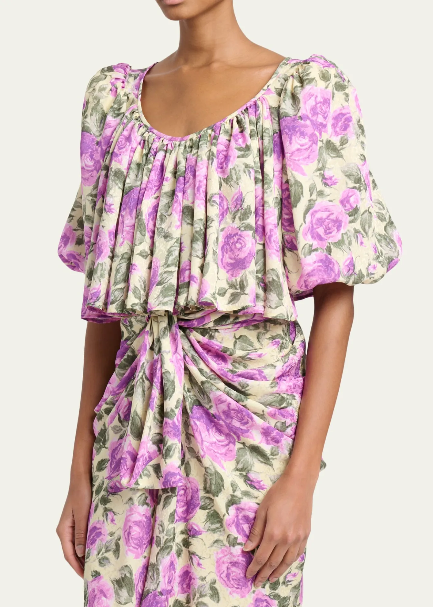 ChloeFloral Silk Puff-Sleeve Ruffle Crop Top