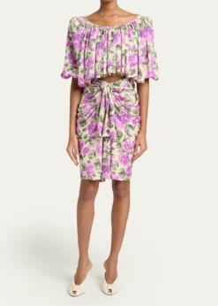 ChloeFloral Silk Puff-Sleeve Ruffle Crop Top