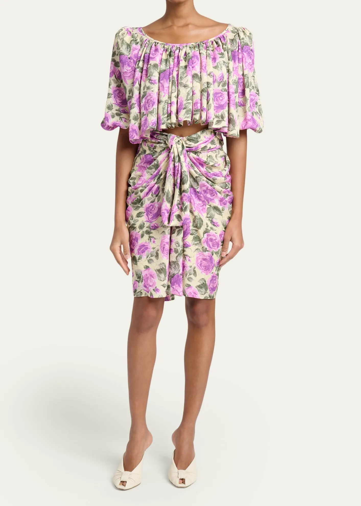 ChloeFloral Silk Puff-Sleeve Ruffle Crop Top