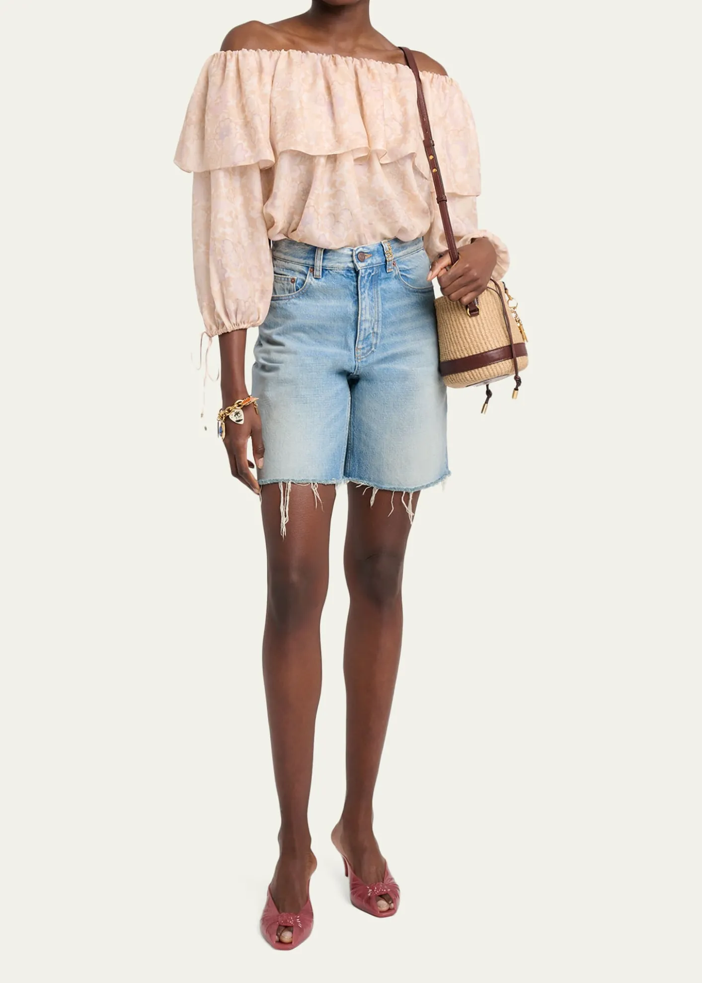 ChloeFlower Print Off-The-Shoulder Silk Top